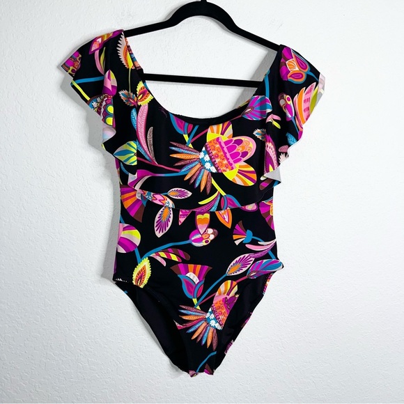 Trina Turk One Piece Swimsuit Womens 10 Ruffled Off The Shoulder Tropical B12 - Picture 2 of 9